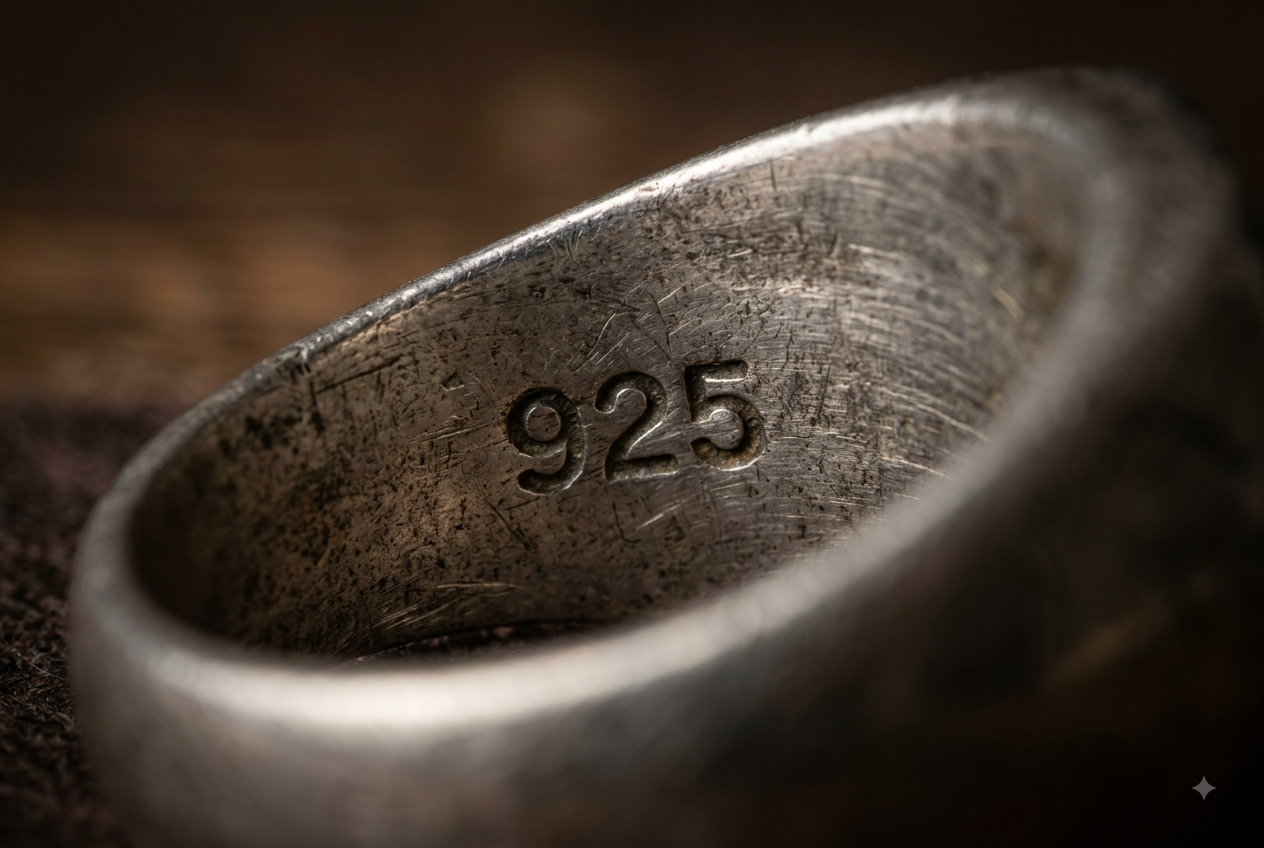 Macro close-up of 925 sterling silver hallmark on a ring band