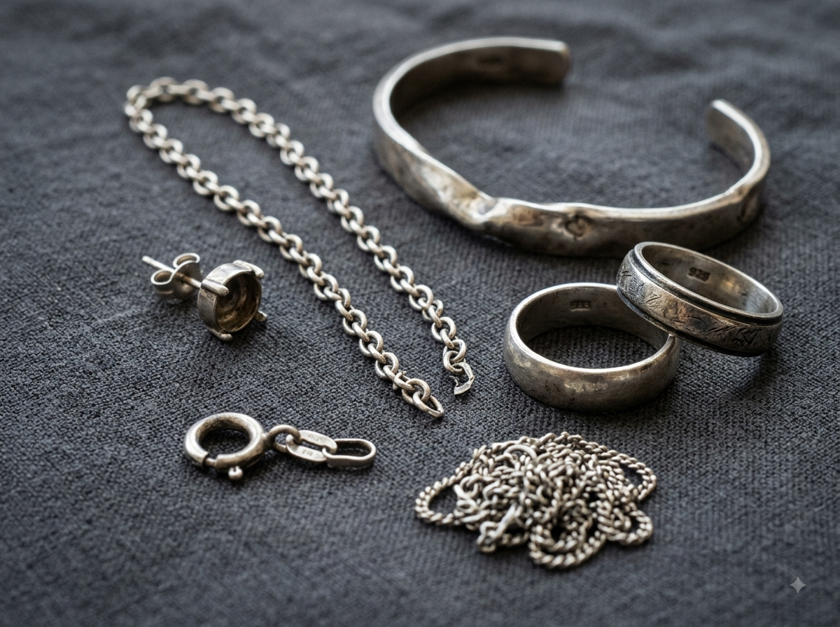 Broken and tarnished sterling silver jewelry including rings, chains, and clasps
