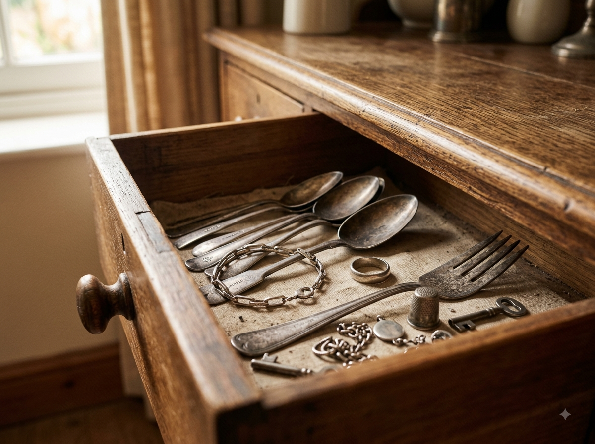 Inherited household silver flatware and jewelry found in an estate drawer