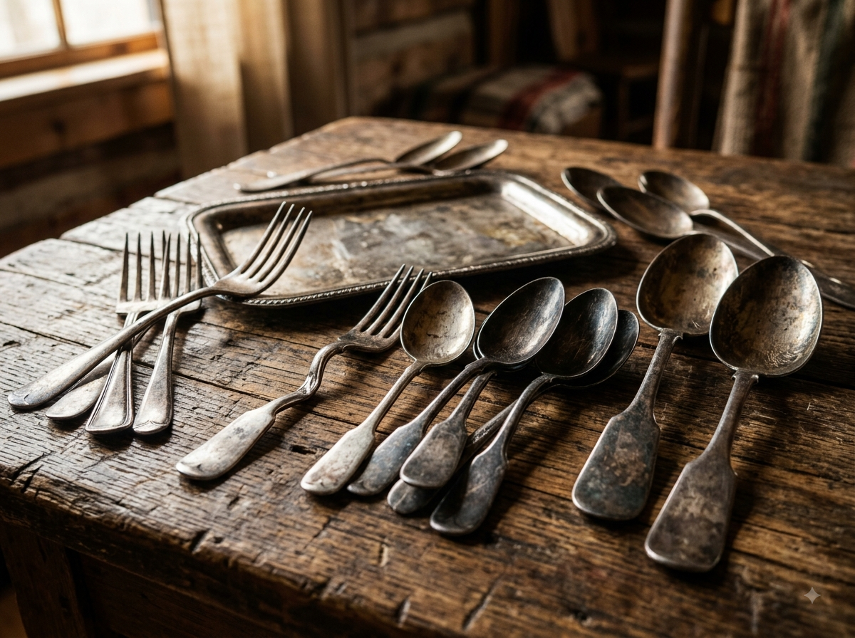 Vintage tarnished sterling silver flatware and serving pieces on a wooden table