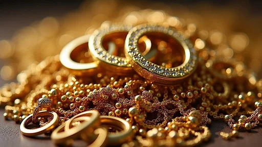Gold rings and jewelry close up