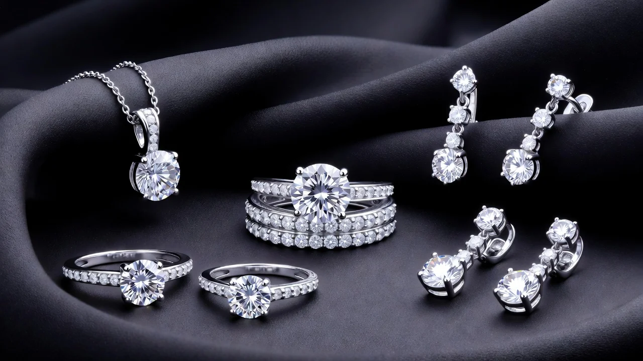 Diamond rings, earrings, and pendant jewelry on black fabric