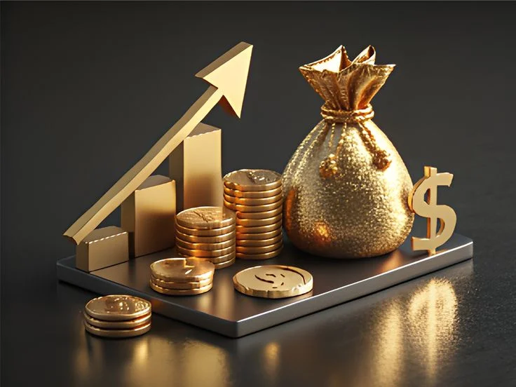 Gold coins, money bag, and upward arrow showing rising value