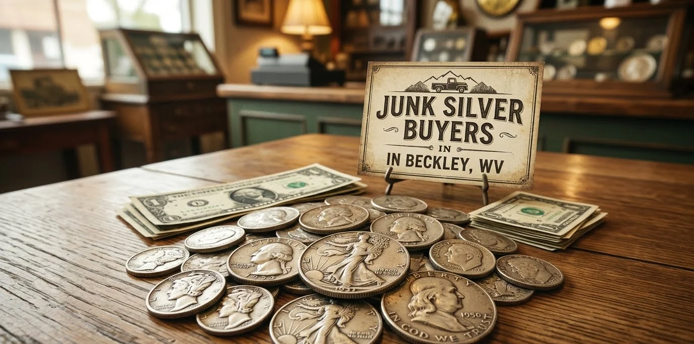 Junk silver coins and cash on a counter in Beckley, WV