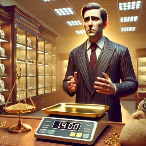Gold buyer standing near a jewelry scale