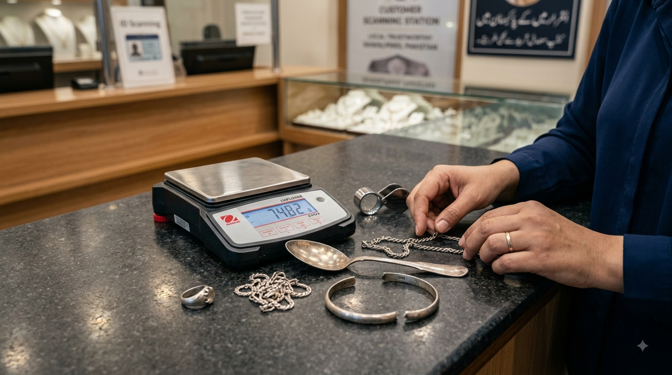 Professional silver evaluation with digital scale and jewelry loupe